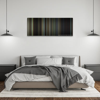 A History of Violence color palette canvas above a bed, between two black pendant lamps