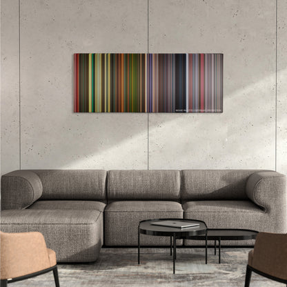 Grindhouse color palette canvas on a concrete wall above a gray sectional sofa