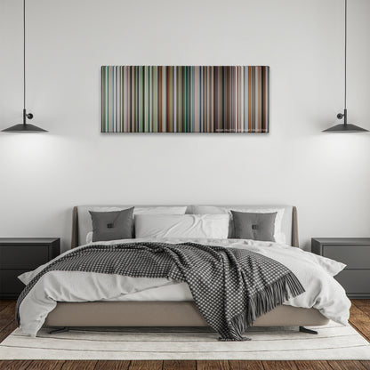 21 Grams color palette canvas above a bed, between two black pendant lamps