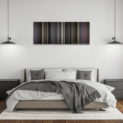 Southpaw color palette canvas above a bed, between two black pendant lamps
