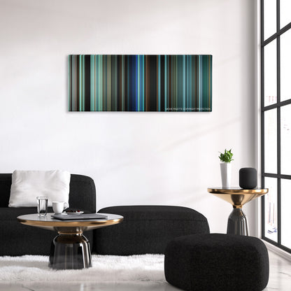 American Ultra color palette canvas above a black sofa with a gold-topped table