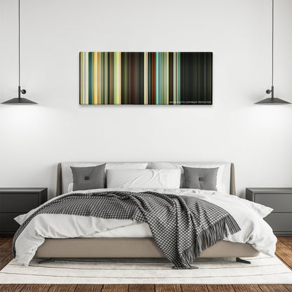 Hostel: Part II color palette canvas above a bed, between two black pendant lamps