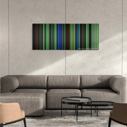 Saw III color palette canvas on a concrete wall above a gray sectional sofa