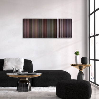 Reservoir Dogs color palette canvas above a black sofa with a gold-topped table