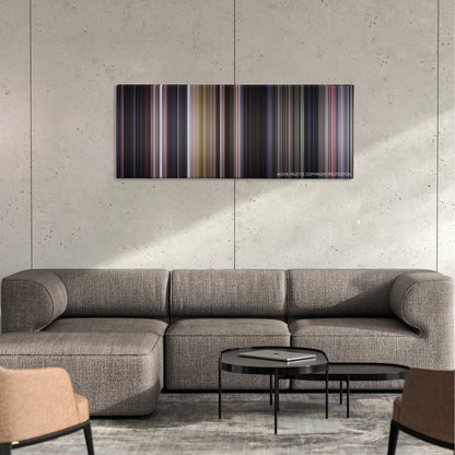 Ghost Dog: The Way of the Samurai color palette canvas on a concrete wall above a gray sectional sofa
