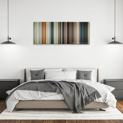 Cop Out color palette canvas above a bed, between two black pendant lamps