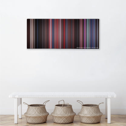 The Rocky Horror Picture Show color palette canvas above a white bench with three woven baskets