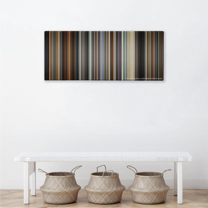 Crash color palette canvas above a white bench with three woven baskets