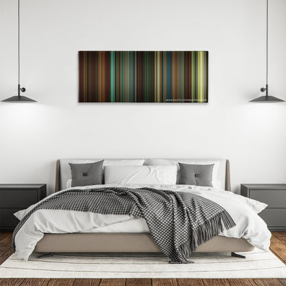 We Own the Night color palette canvas above a bed, between two black pendant lamps