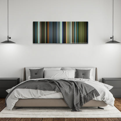 Focus color palette canvas above a bed, between two black pendant lamps