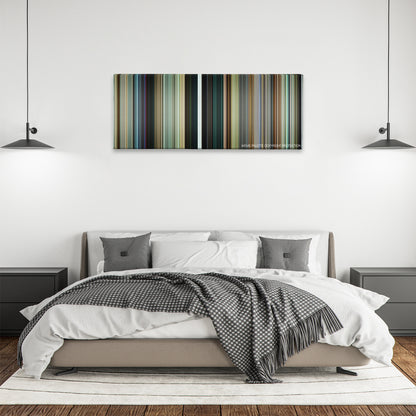 The Circle color palette canvas above a bed, between two black pendant lamps