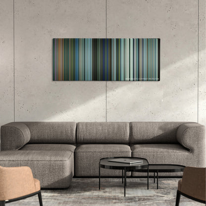 Teenage Mutant Ninja Turtles: Out of the Shadows color palette canvas on a concrete wall above a gray sectional sofa