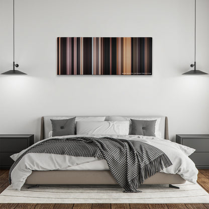 Ben-Hur color palette canvas above a bed, between two black pendant lamps