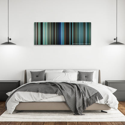 American Ultra color palette canvas above a bed, between two black pendant lamps