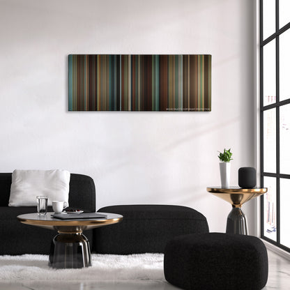 Shutter Island color palette canvas above a black sofa with a gold-topped table