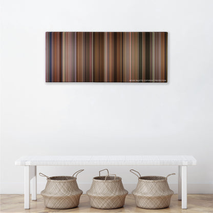 Jerry Maguire color palette canvas above a white bench with three woven baskets