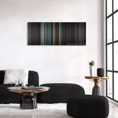 It Comes at Night color palette canvas above a black sofa with a gold-topped table