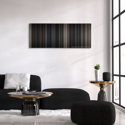 The Dark Knight Rises color palette canvas above a black sofa with a gold-topped table