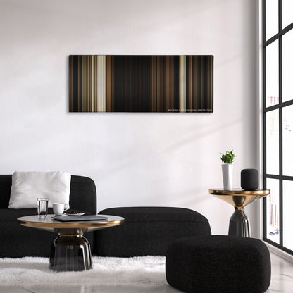 Us color palette canvas above a black sofa with a gold-topped table