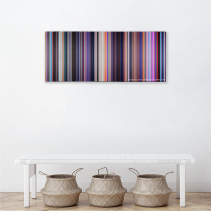 Spider-Man: Into the Spider-Verse color palette canvas above a white bench with three woven baskets