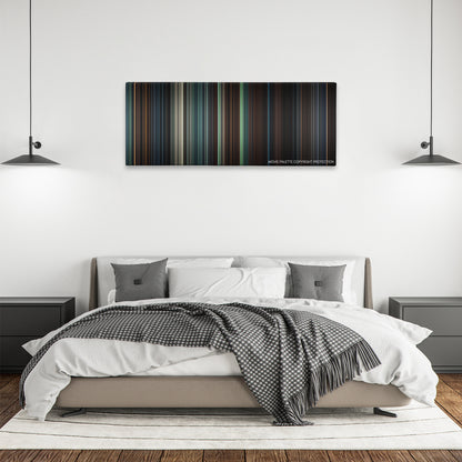 It Comes at Night color palette canvas above a bed, between two black pendant lamps