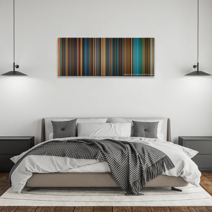 Kiss Kiss Bang Bang color palette canvas above a bed, between two black pendant lamps