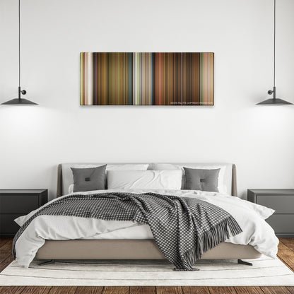 Knock Knock color palette canvas above a bed, between two black pendant lamps