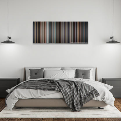 RoboCop color palette canvas above a bed, between two black pendant lamps