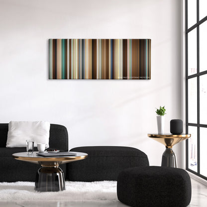 Half Nelson color palette canvas above a black sofa with a gold-topped table