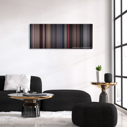 Videodrome color palette canvas above a black sofa with a gold-topped table