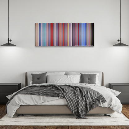 Austin Powers: The Spy Who Shagged Me color palette canvas above a bed, between two black pendant lamps