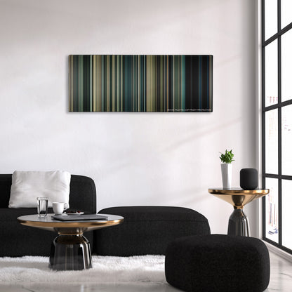 Edge of Tomorrow color palette canvas above a black sofa with a gold-topped table