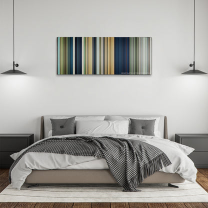Rambo color palette canvas above a bed, between two black pendant lamps