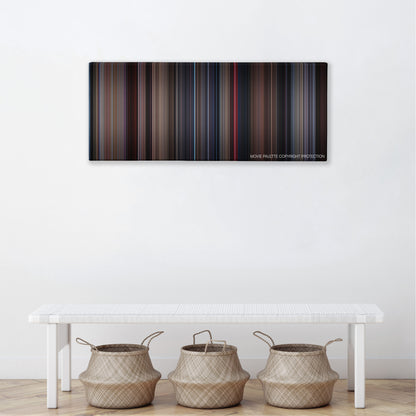 Videodrome color palette canvas above a white bench with three woven baskets