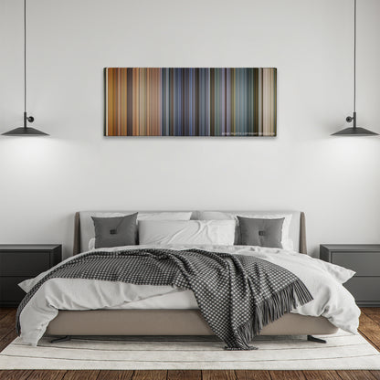 Ip Man color palette canvas above a bed, between two black pendant lamps