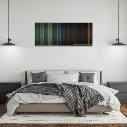Predators color palette canvas above a bed, between two black pendant lamps