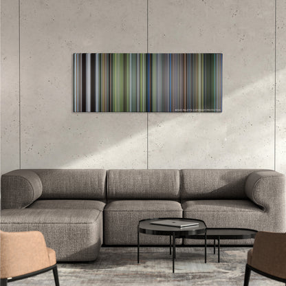 The Thin Red Line color palette canvas on a concrete wall above a gray sectional sofa