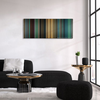 World War Z color palette canvas above a black sofa with a gold-topped table