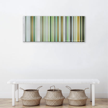 Dogtooth color palette canvas above a white bench with three woven baskets