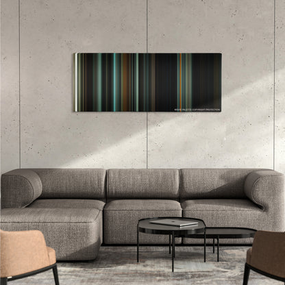 The Woman in Black color palette canvas on a concrete wall above a gray sectional sofa