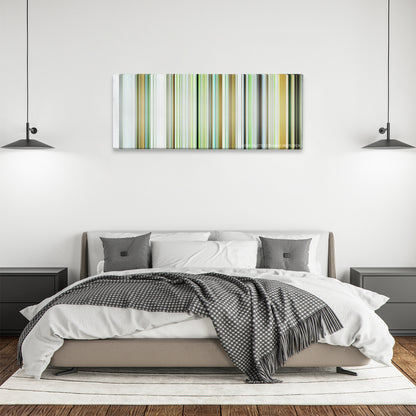 Dogtooth color palette canvas above a bed, between two black pendant lamps