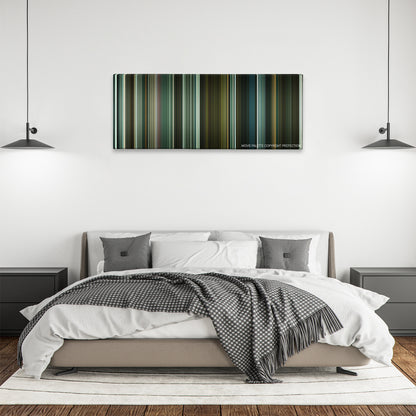 Harry Brown color palette canvas above a bed, between two black pendant lamps
