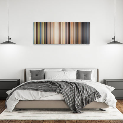 The Smurfs color palette canvas above a bed, between two black pendant lamps
