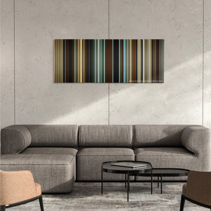 The Assassination of Jesse James by the Coward Robert Ford color palette canvas on a concrete wall above a gray sectional sofa