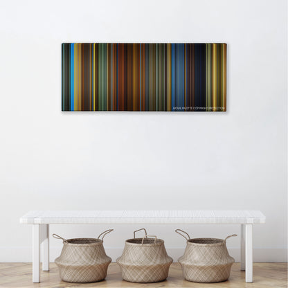 Haywire color palette canvas above a white bench with three woven baskets