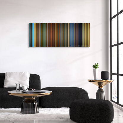 Haywire color palette canvas above a black sofa with a gold-topped table