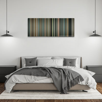 Body of Lies color palette canvas above a bed, between two black pendant lamps