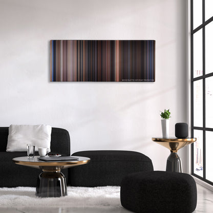 Back to the Future Part II color palette canvas above a black sofa with a gold-topped table