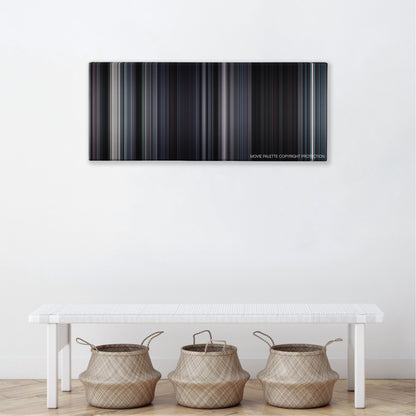 Martyrs color palette canvas above a white bench with three woven baskets