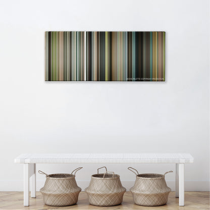 Our Idiot Brother color palette canvas above a white bench with three woven baskets